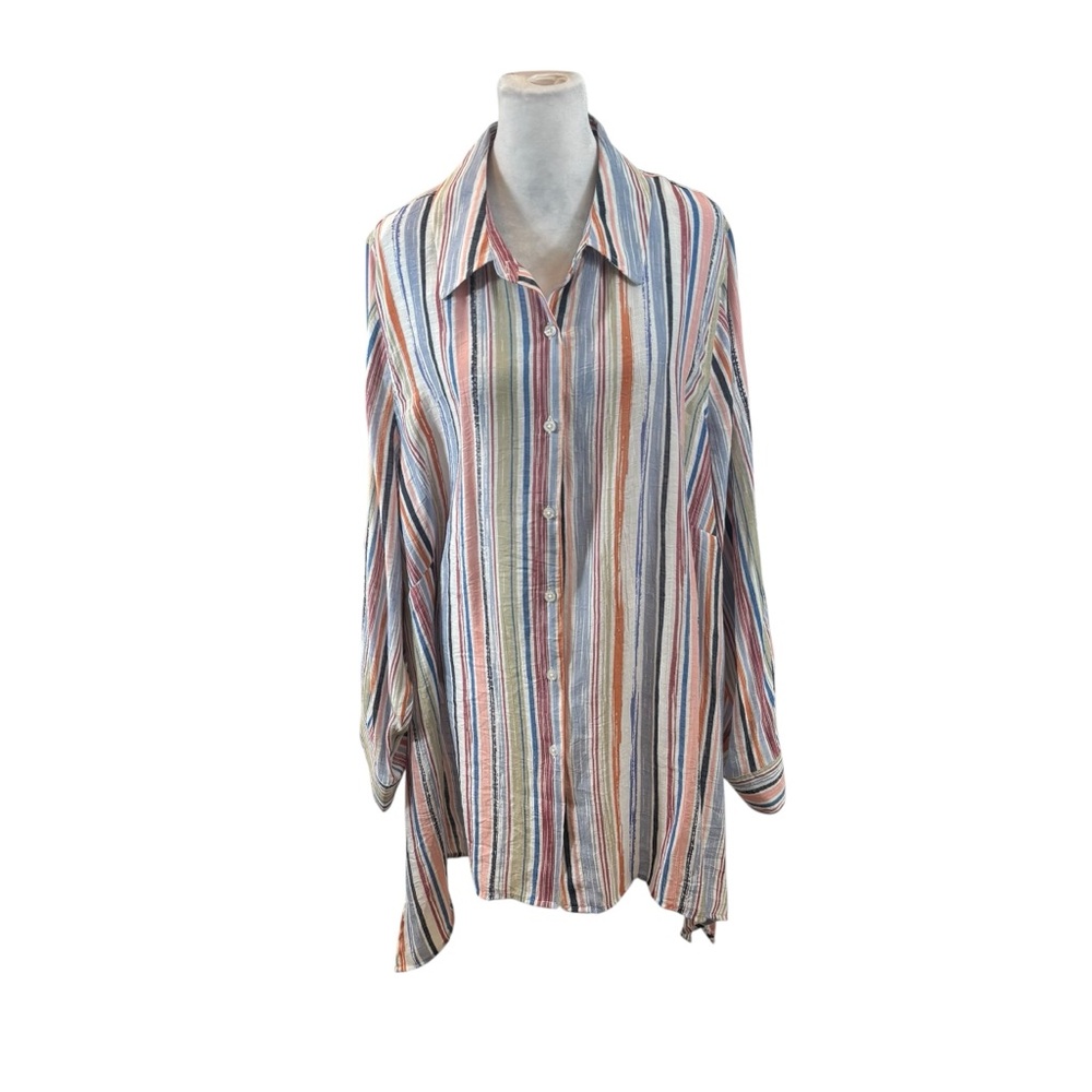 Ladies Robert Louis Striped Button Down Blouse Size 2X Sharkbite‎ Hem
